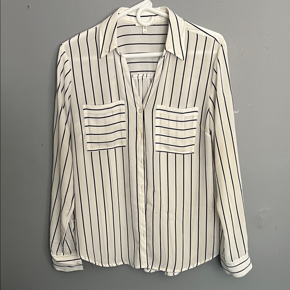 Maurices White and Black Striped Button-Down Size MD Sheer Business Casual